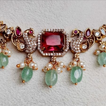 Handmade Brass Metal Jewellery Pink Peacock Necklace Set